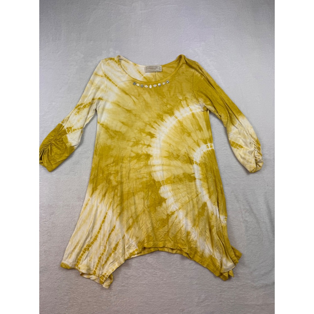 Nature Art Lynn Yang Yellow Tie Dye Sharkbite Tunic Top Embellished Neck Small